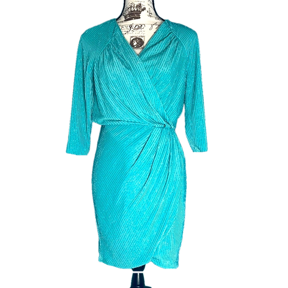 GUESS Metallic Tiffany Blue Ruched Wrap Mini Dress Prom Party Small $98 Retail - Picture 16 of 17